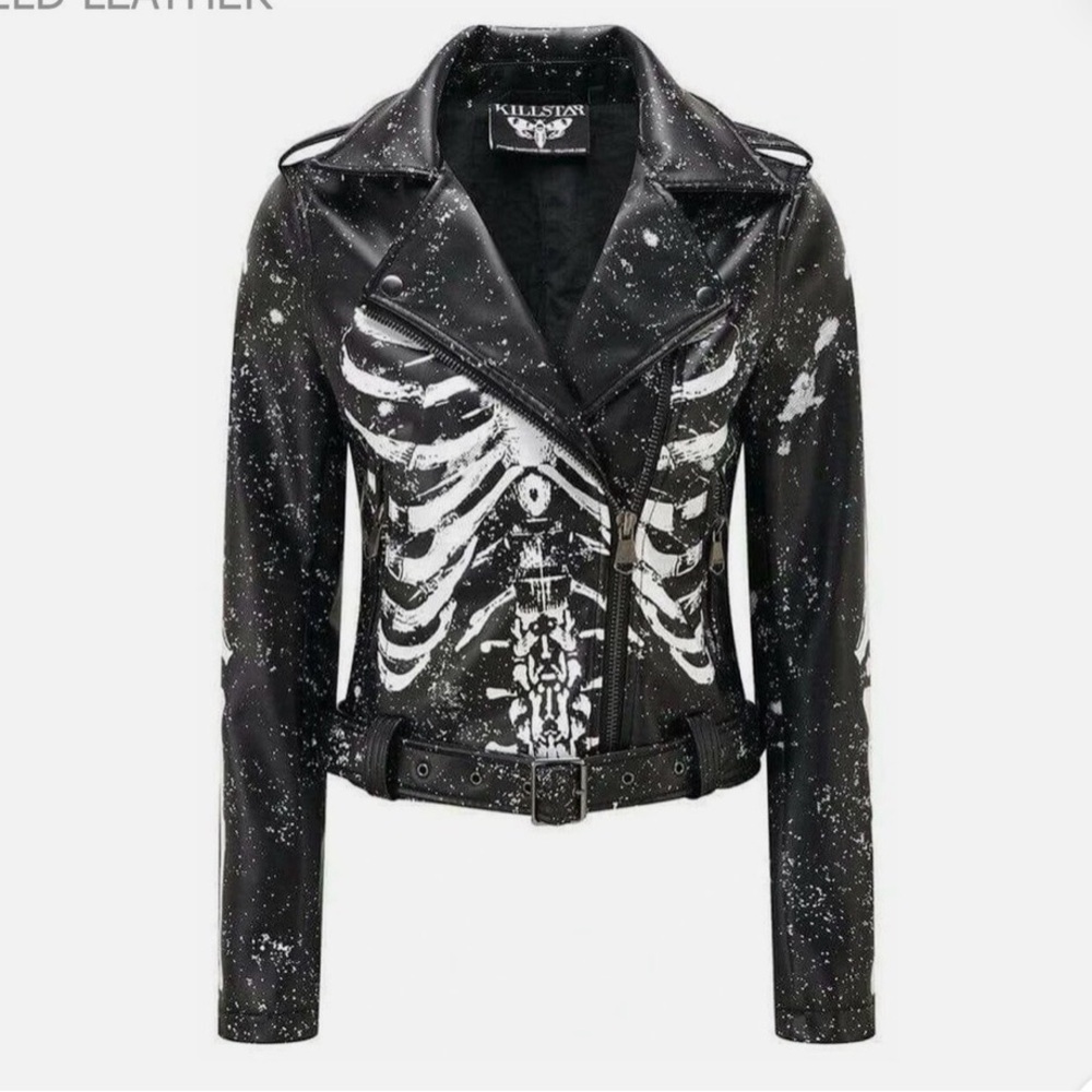 Killstar Black and White Skeleton Vegan Leather Jacket. Design discontinued.